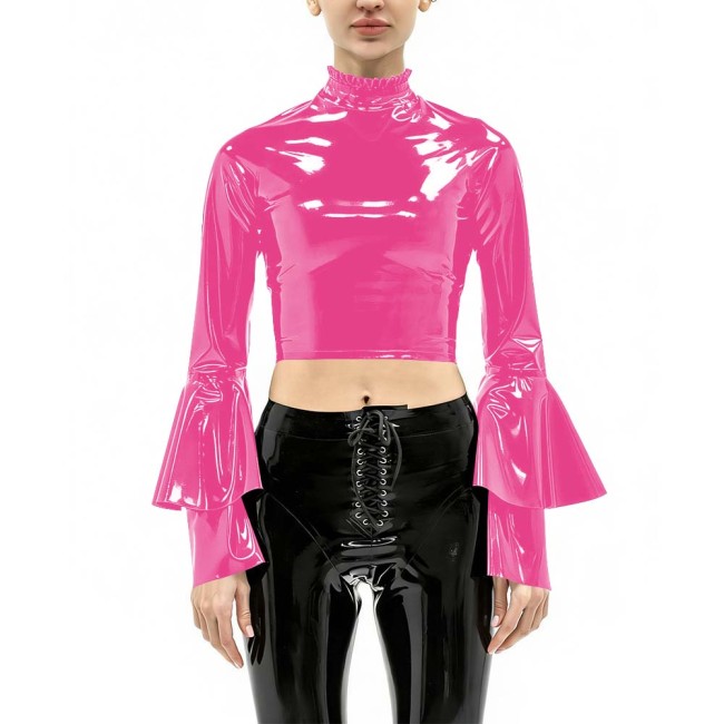 Women's Vinyl Crop Top Open Back Clubwear High Neck Ruffle Trim Party Music Bell Sleeves T-shirts Sexy Glossy Long Sleeve Tops