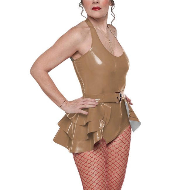Gothic Punk Belted Bodysuit Outfit Womens Vinyl Halter-neck Bodysuit Layered Ruffle Skirt Edgy Shiny Two-Piece Set for Clubwear