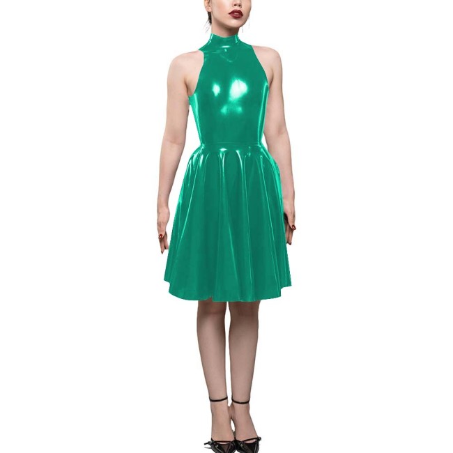 Womens PVC Shiny High Waist A-Line Dress Fashion Sleeveless Flared Skater Mini Dress Elegant Pleated Party Dresses Sissy Vestido