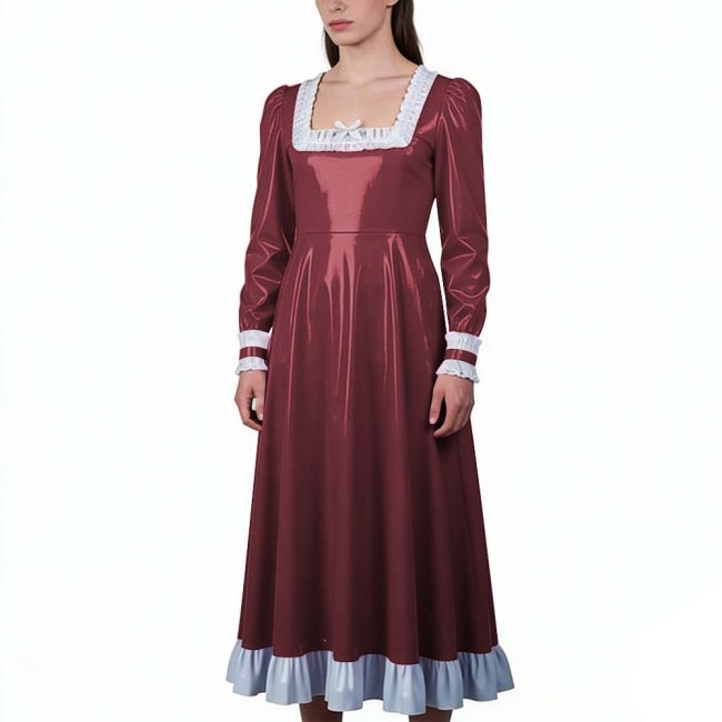 Glossy PVC Leather Vintage Long Dress with Ruffles Trim Elegant Long Sleeve Square Neck Retro Gown Party Cosplay Crossdressers