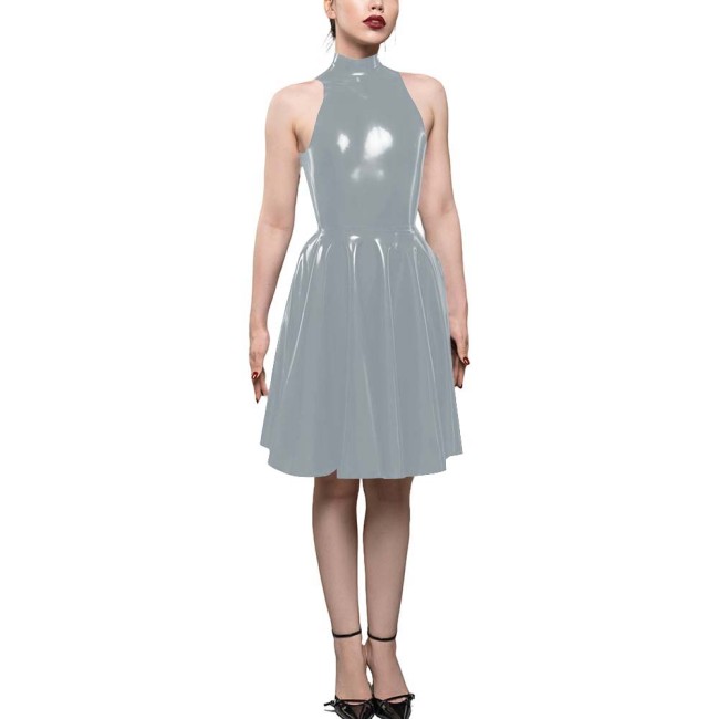 Womens PVC Shiny High Waist A-Line Dress Fashion Sleeveless Flared Skater Mini Dress Elegant Pleated Party Dresses Sissy Vestido