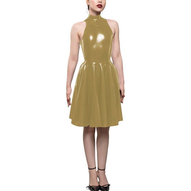 Womens PVC Shiny High Waist A-Line Dress Fashion Sleeveless Flared Skater Mini Dress Elegant Pleated Party Dresses Sissy Vestido