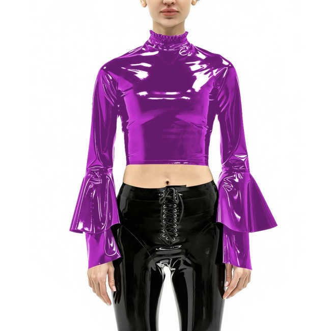 Women's Vinyl Crop Top Open Back Clubwear High Neck Ruffle Trim Party Music Bell Sleeves T-shirts Sexy Glossy Long Sleeve Tops