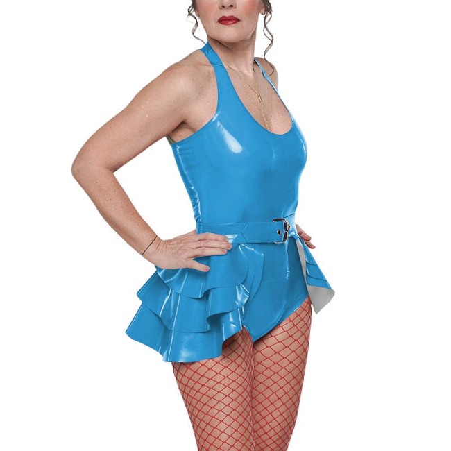 Gothic Punk Belted Bodysuit Outfit Womens Vinyl Halter-neck Bodysuit Layered Ruffle Skirt Edgy Shiny Two-Piece Set for Clubwear