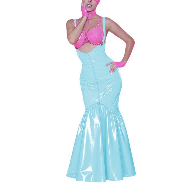 Women's Shiny PVC Mermaid Maxi Dress for Party Performance Sexy Overalls Dress Open Chest Backless Straps Glossy Dress Clubwear