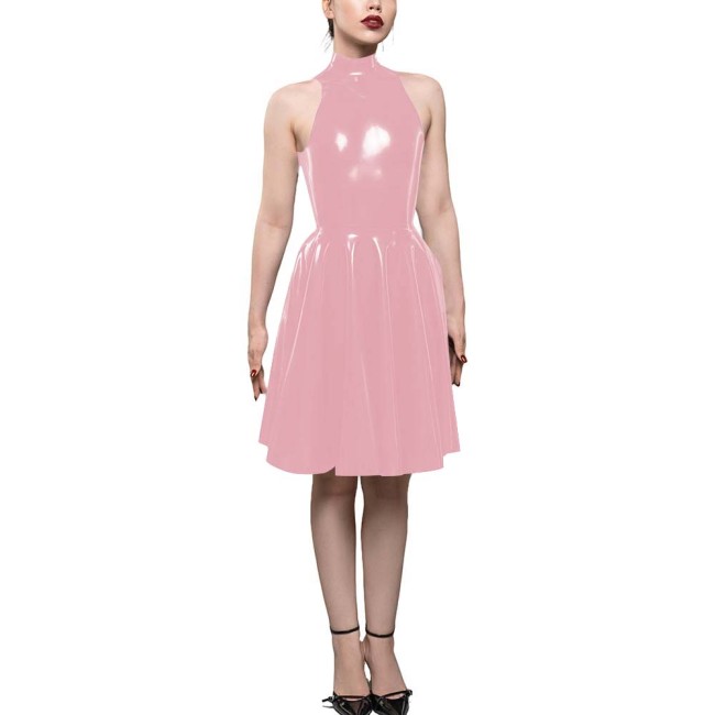 Womens PVC Shiny High Waist A-Line Dress Fashion Sleeveless Flared Skater Mini Dress Elegant Pleated Party Dresses Sissy Vestido