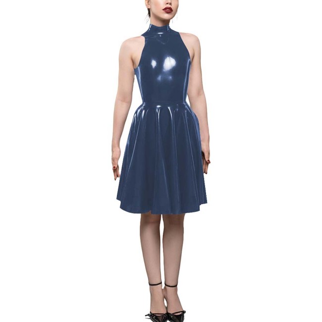 Womens PVC Shiny High Waist A-Line Dress Fashion Sleeveless Flared Skater Mini Dress Elegant Pleated Party Dresses Sissy Vestido