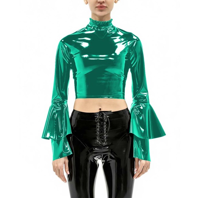 Women's Vinyl Crop Top Open Back Clubwear High Neck Ruffle Trim Party Music Bell Sleeves T-shirts Sexy Glossy Long Sleeve Tops
