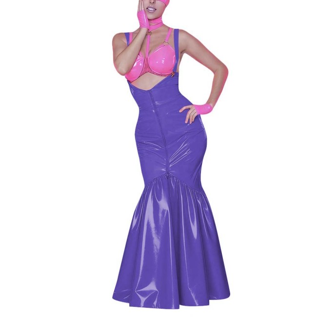 Women's Shiny PVC Mermaid Maxi Dress for Party Performance Sexy Overalls Dress Open Chest Backless Straps Glossy Dress Clubwear