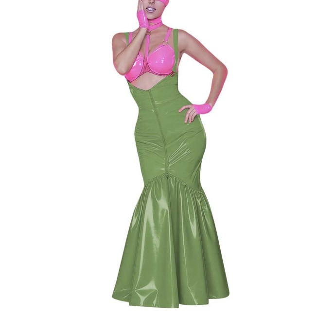 Women's Shiny PVC Mermaid Maxi Dress for Party Performance Sexy Overalls Dress Open Chest Backless Straps Glossy Dress Clubwear