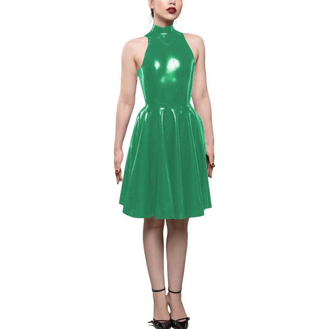 Womens PVC Shiny High Waist A-Line Dress Fashion Sleeveless Flared Skater Mini Dress Elegant Pleated Party Dresses Sissy Vestido