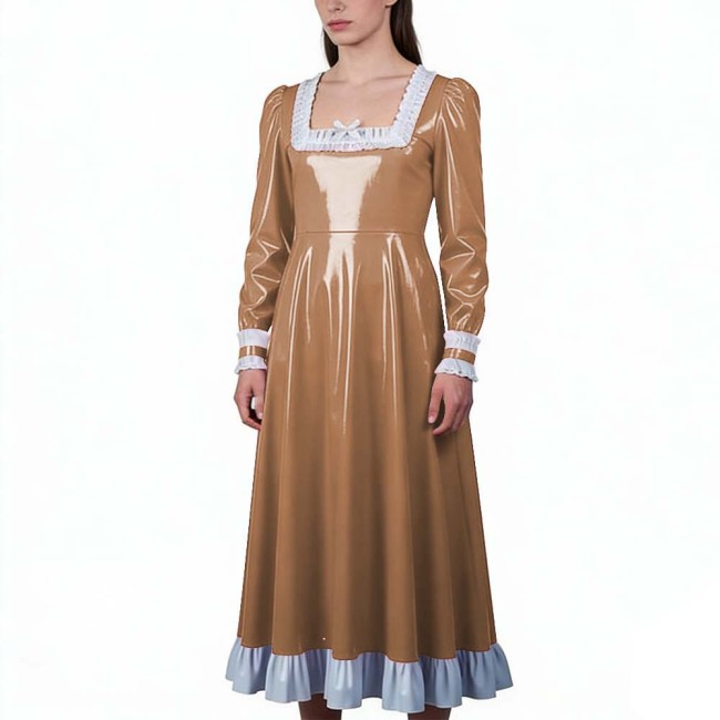 Glossy PVC Leather Vintage Long Dress with Ruffles Trim Elegant Long Sleeve Square Neck Retro Gown Party Cosplay Crossdressers