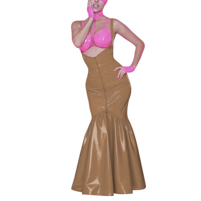 Women's Shiny PVC Mermaid Maxi Dress for Party Performance Sexy Overalls Dress Open Chest Backless Straps Glossy Dress Clubwear