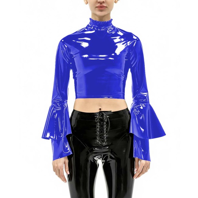 Women's Vinyl Crop Top Open Back Clubwear High Neck Ruffle Trim Party Music Bell Sleeves T-shirts Sexy Glossy Long Sleeve Tops