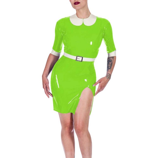 Plus Size Womens PVC Vinyl Leather Bodycon Mini Dress Rave Party Performance Short Dresses Ladies Patchwork Front Slit Clubwear