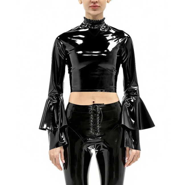 Women's Vinyl Crop Top Open Back Clubwear High Neck Ruffle Trim Party Music Bell Sleeves T-shirts Sexy Glossy Long Sleeve Tops