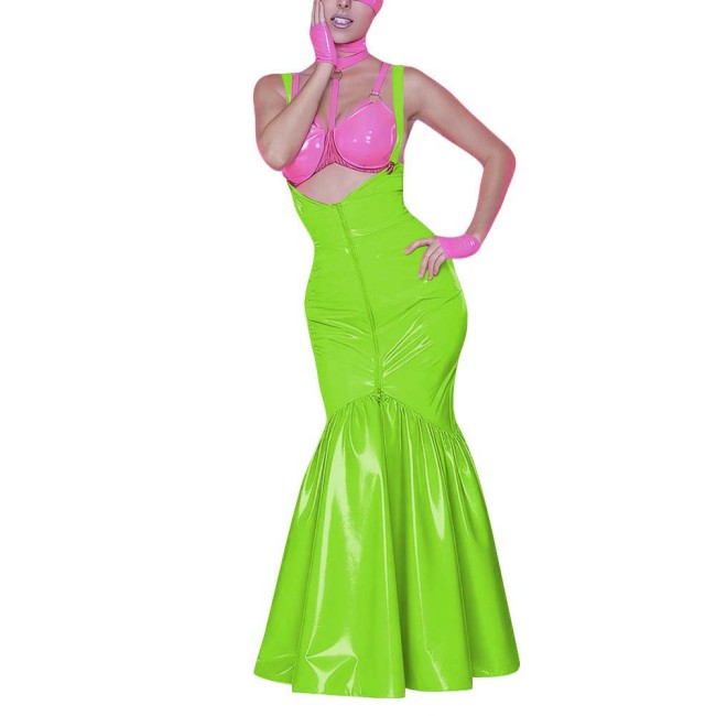 Women's Shiny PVC Mermaid Maxi Dress for Party Performance Sexy Overalls Dress Open Chest Backless Straps Glossy Dress Clubwear