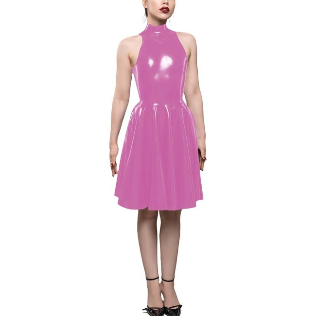 Womens PVC Shiny High Waist A-Line Dress Fashion Sleeveless Flared Skater Mini Dress Elegant Pleated Party Dresses Sissy Vestido