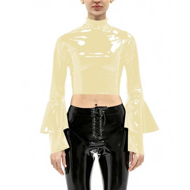 Women's Vinyl Crop Top Open Back Clubwear High Neck Ruffle Trim Party Music Bell Sleeves T-shirts Sexy Glossy Long Sleeve Tops
