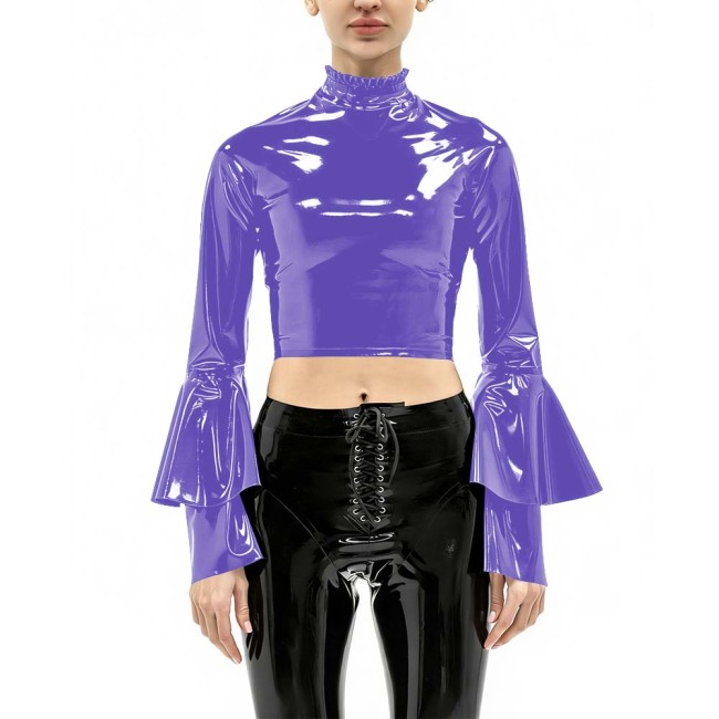 Women's Vinyl Crop Top Open Back Clubwear High Neck Ruffle Trim Party Music Bell Sleeves T-shirts Sexy Glossy Long Sleeve Tops