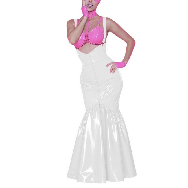Women's Shiny PVC Mermaid Maxi Dress for Party Performance Sexy Overalls Dress Open Chest Backless Straps Glossy Dress Clubwear
