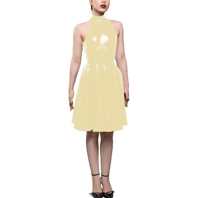 Womens PVC Shiny High Waist A-Line Dress Fashion Sleeveless Flared Skater Mini Dress Elegant Pleated Party Dresses Sissy Vestido