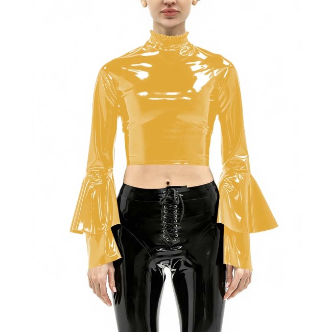 Women's Vinyl Crop Top Open Back Clubwear High Neck Ruffle Trim Party Music Bell Sleeves T-shirts Sexy Glossy Long Sleeve Tops