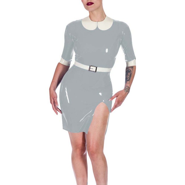 Plus Size Womens PVC Vinyl Leather Bodycon Mini Dress Rave Party Performance Short Dresses Ladies Patchwork Front Slit Clubwear