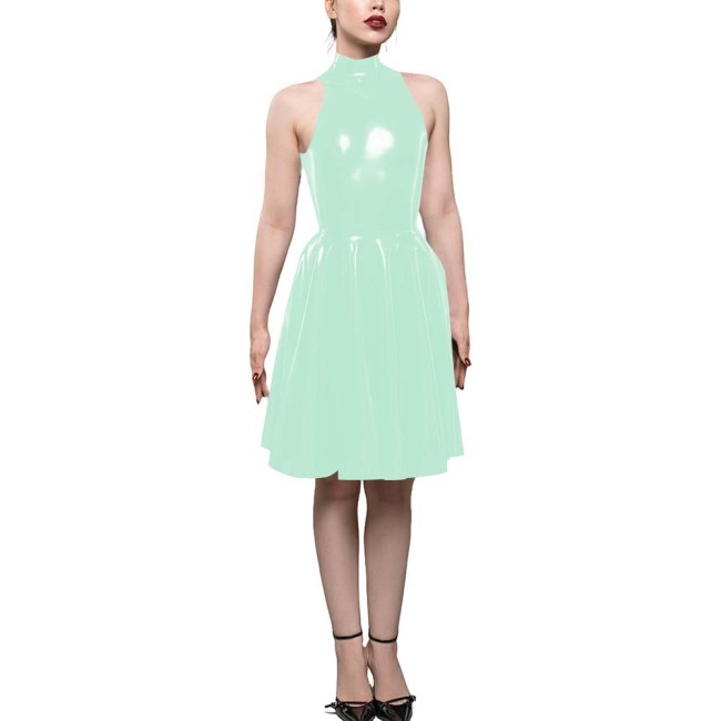 Womens PVC Shiny High Waist A-Line Dress Fashion Sleeveless Flared Skater Mini Dress Elegant Pleated Party Dresses Sissy Vestido