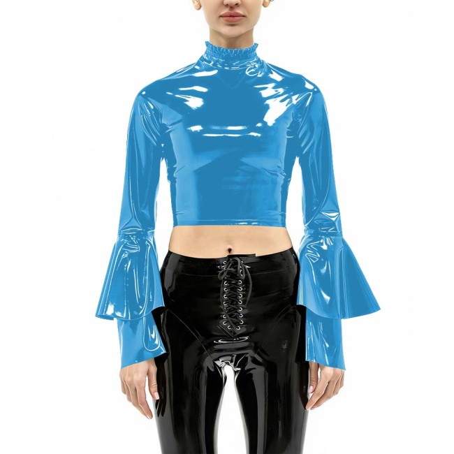 Women's Vinyl Crop Top Open Back Clubwear High Neck Ruffle Trim Party Music Bell Sleeves T-shirts Sexy Glossy Long Sleeve Tops