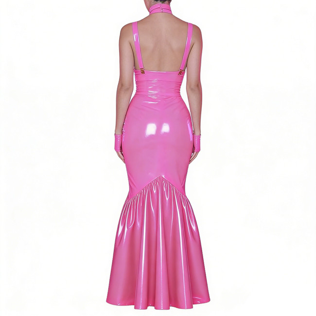 Women's Shiny PVC Mermaid Maxi Dress for Party Performance Sexy Overalls Dress Open Chest Backless Straps Glossy Dress Clubwear
