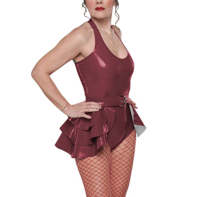 Gothic Punk Belted Bodysuit Outfit Womens Vinyl Halter-neck Bodysuit Layered Ruffle Skirt Edgy Shiny Two-Piece Set for Clubwear