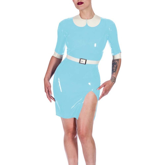 Plus Size Womens PVC Vinyl Leather Bodycon Mini Dress Rave Party Performance Short Dresses Ladies Patchwork Front Slit Clubwear
