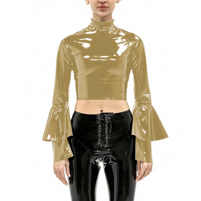 Women's Vinyl Crop Top Open Back Clubwear High Neck Ruffle Trim Party Music Bell Sleeves T-shirts Sexy Glossy Long Sleeve Tops