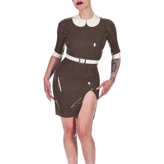 Plus Size Womens PVC Vinyl Leather Bodycon Mini Dress Rave Party Performance Short Dresses Ladies Patchwork Front Slit Clubwear