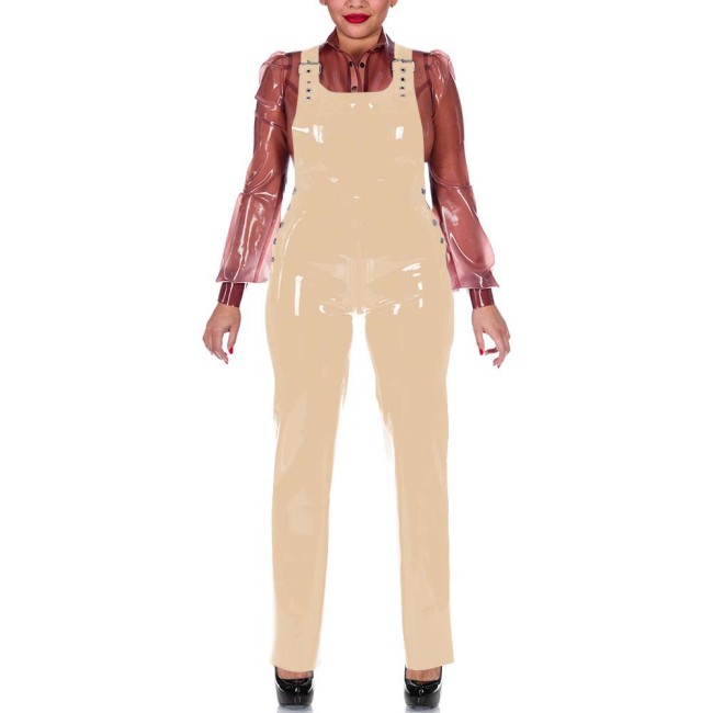 Plus Size Glossy Wetlook Jumpsuit for Womens Adjustable Buckle Straps PVC Pencil Pant Overalls Punk Fashion Party Club Rompers