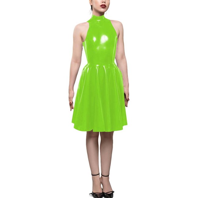 Womens PVC Shiny High Waist A-Line Dress Fashion Sleeveless Flared Skater Mini Dress Elegant Pleated Party Dresses Sissy Vestido