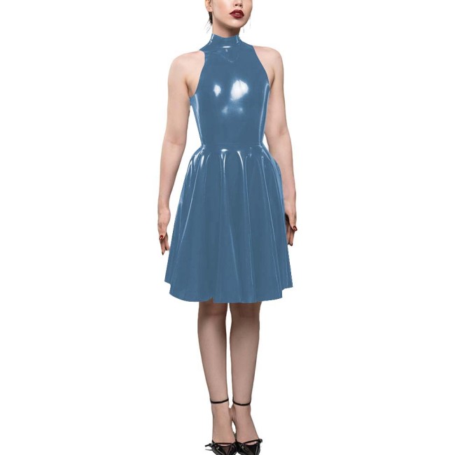 Womens PVC Shiny High Waist A-Line Dress Fashion Sleeveless Flared Skater Mini Dress Elegant Pleated Party Dresses Sissy Vestido
