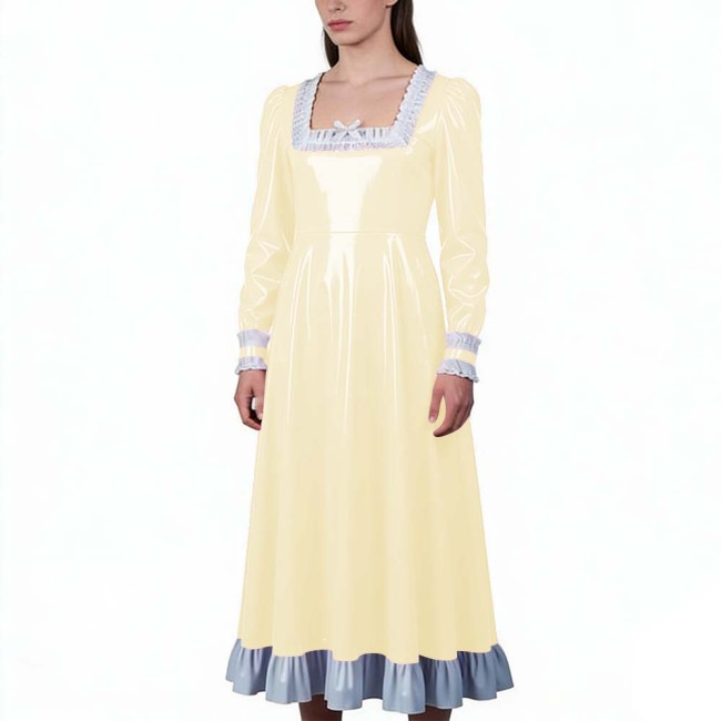 Glossy PVC Leather Vintage Long Dress with Ruffles Trim Elegant Long Sleeve Square Neck Retro Gown Party Cosplay Crossdressers