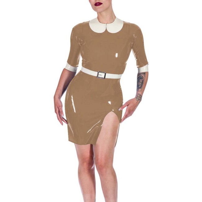 Plus Size Womens PVC Vinyl Leather Bodycon Mini Dress Rave Party Performance Short Dresses Ladies Patchwork Front Slit Clubwear