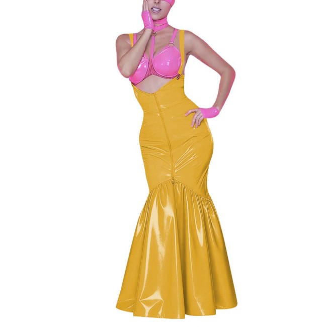 Women's Shiny PVC Mermaid Maxi Dress for Party Performance Sexy Overalls Dress Open Chest Backless Straps Glossy Dress Clubwear