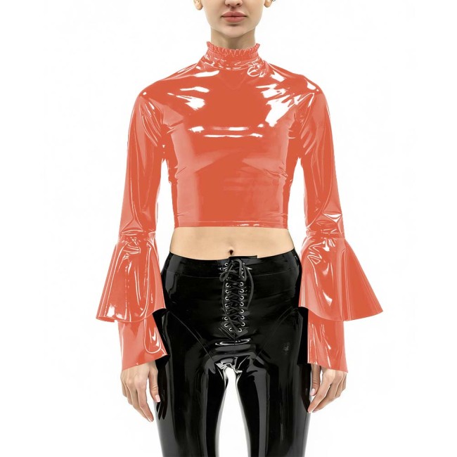 Women's Vinyl Crop Top Open Back Clubwear High Neck Ruffle Trim Party Music Bell Sleeves T-shirts Sexy Glossy Long Sleeve Tops