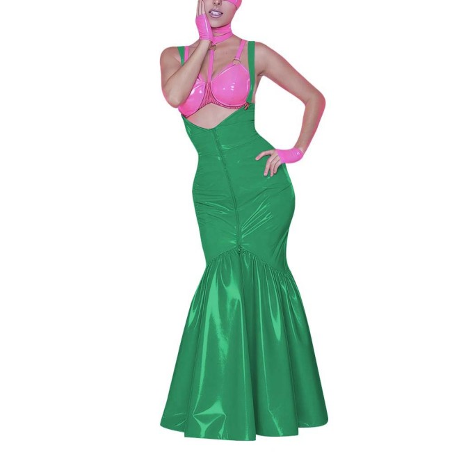 Women's Shiny PVC Mermaid Maxi Dress for Party Performance Sexy Overalls Dress Open Chest Backless Straps Glossy Dress Clubwear