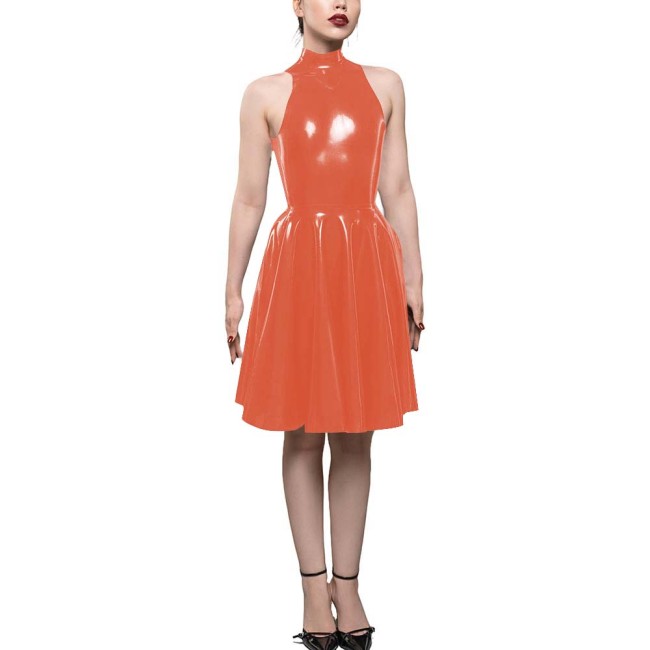 Womens PVC Shiny High Waist A-Line Dress Fashion Sleeveless Flared Skater Mini Dress Elegant Pleated Party Dresses Sissy Vestido