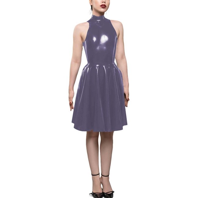 Womens PVC Shiny High Waist A-Line Dress Fashion Sleeveless Flared Skater Mini Dress Elegant Pleated Party Dresses Sissy Vestido