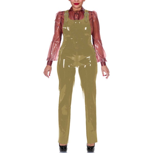 Plus Size Glossy Wetlook Jumpsuit for Womens Adjustable Buckle Straps PVC Pencil Pant Overalls Punk Fashion Party Club Rompers