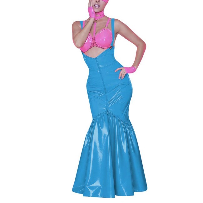 Women's Shiny PVC Mermaid Maxi Dress for Party Performance Sexy Overalls Dress Open Chest Backless Straps Glossy Dress Clubwear