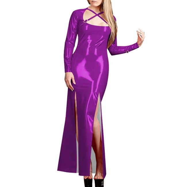 Smooth PVC Leather Maxi Dress with Crisscross Straps Plus Size Sexy High Slit Long Sleeves Dress Club Mistress Gown Fetish Robe