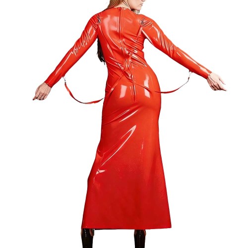 Smooth PVC Leather Maxi Dress with Crisscross Straps Plus Size Sexy High Slit Long Sleeves Dress Club Mistress Gown Fetish Robe