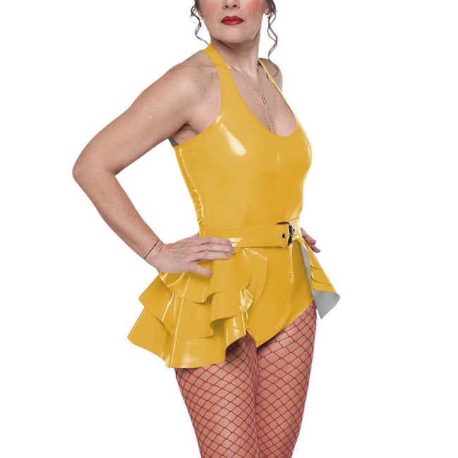 Gothic Punk Belted Bodysuit Outfit Womens Vinyl Halter-neck Bodysuit Layered Ruffle Skirt Edgy Shiny Two-Piece Set for Clubwear